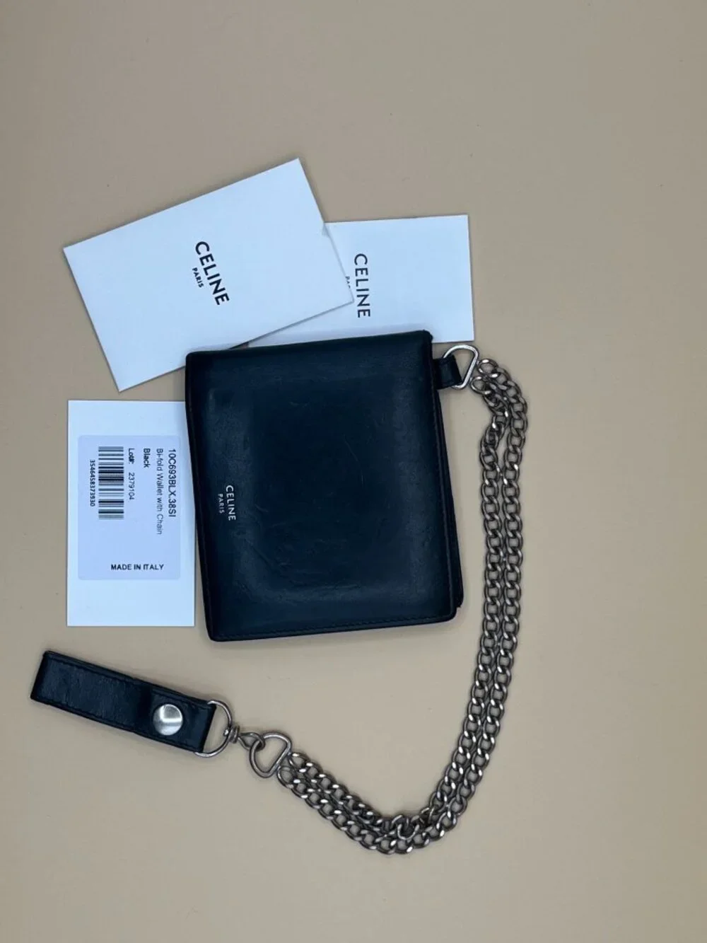CELINE Bi-Fold Wallet with Chain Black Calfskin Silver 10C693BLX.38SI + Cards